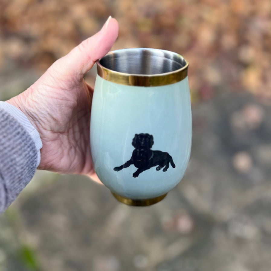 Sage green insulated wine tumbler with a black dog design