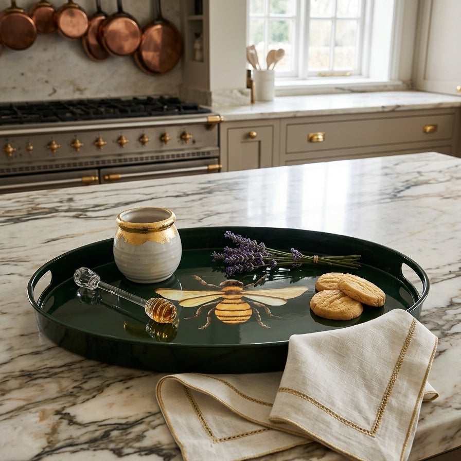 Honeybee large oval tray in dark green enamel and brass with drinks and snacks