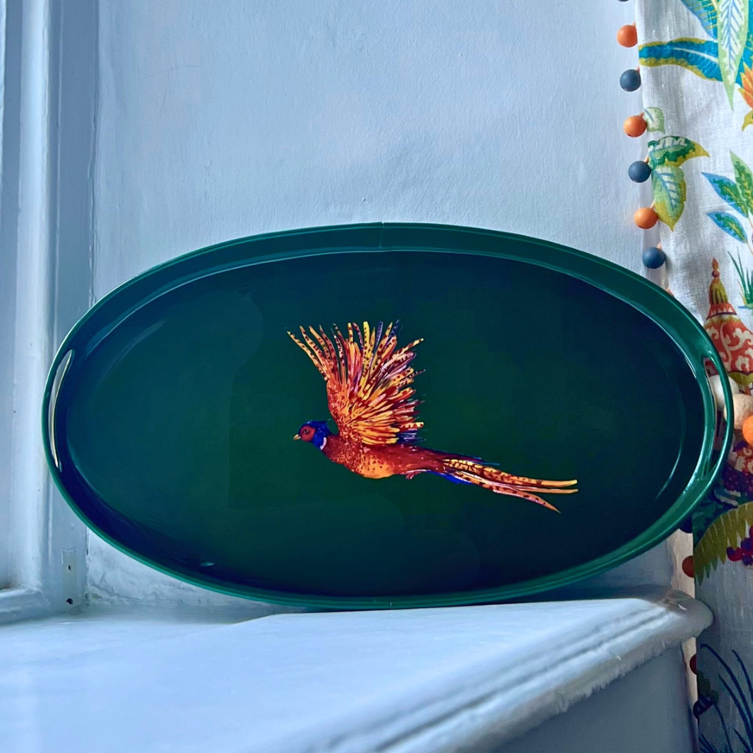 Pheasant large oval tray in bottle green enamel and brass, top view