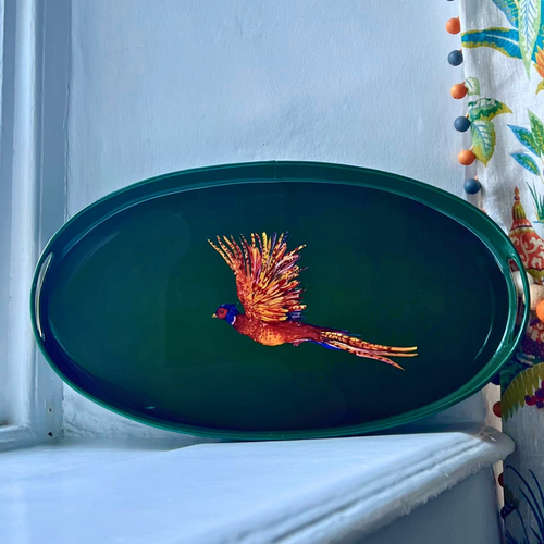 Pheasant large oval tray in bottle green enamel and brass, top view