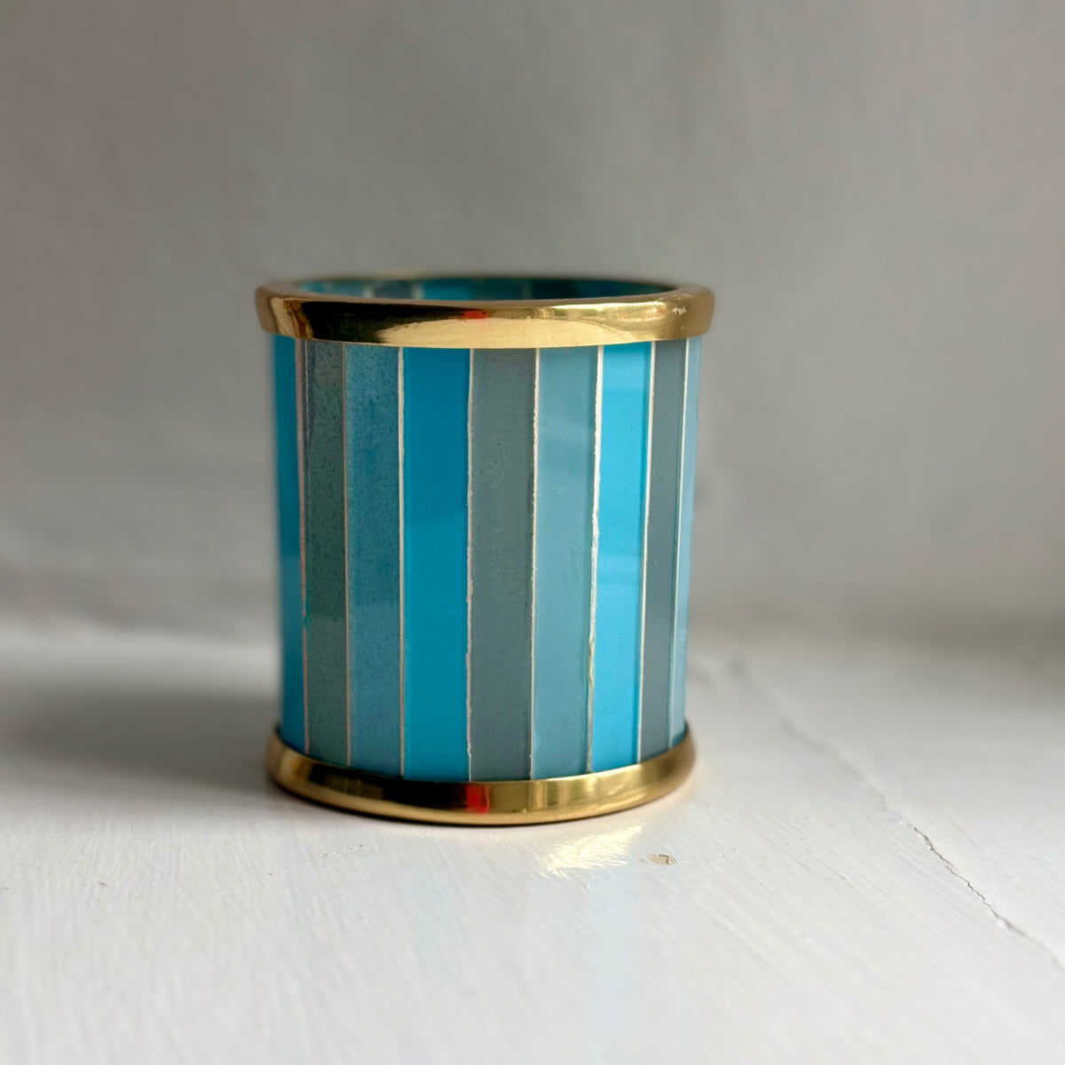 Summer Sky blue striped glass tealight holder with a brass rim