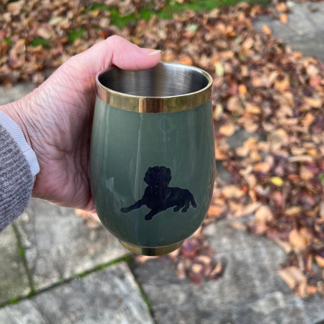 Bottle green insulated wine tumbler with a black dog design