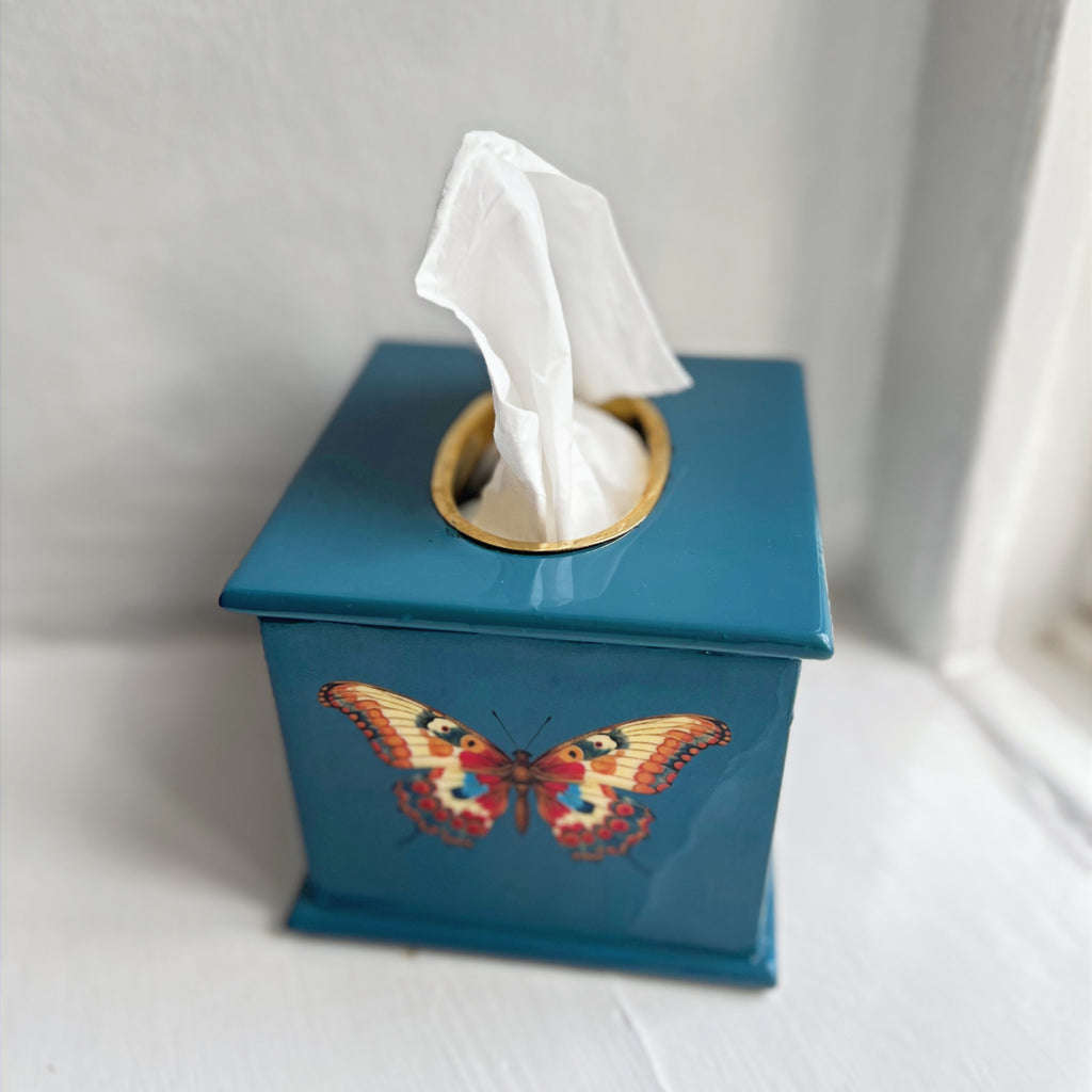 Butterfly square tissue box in teal enamel and brass, close-up