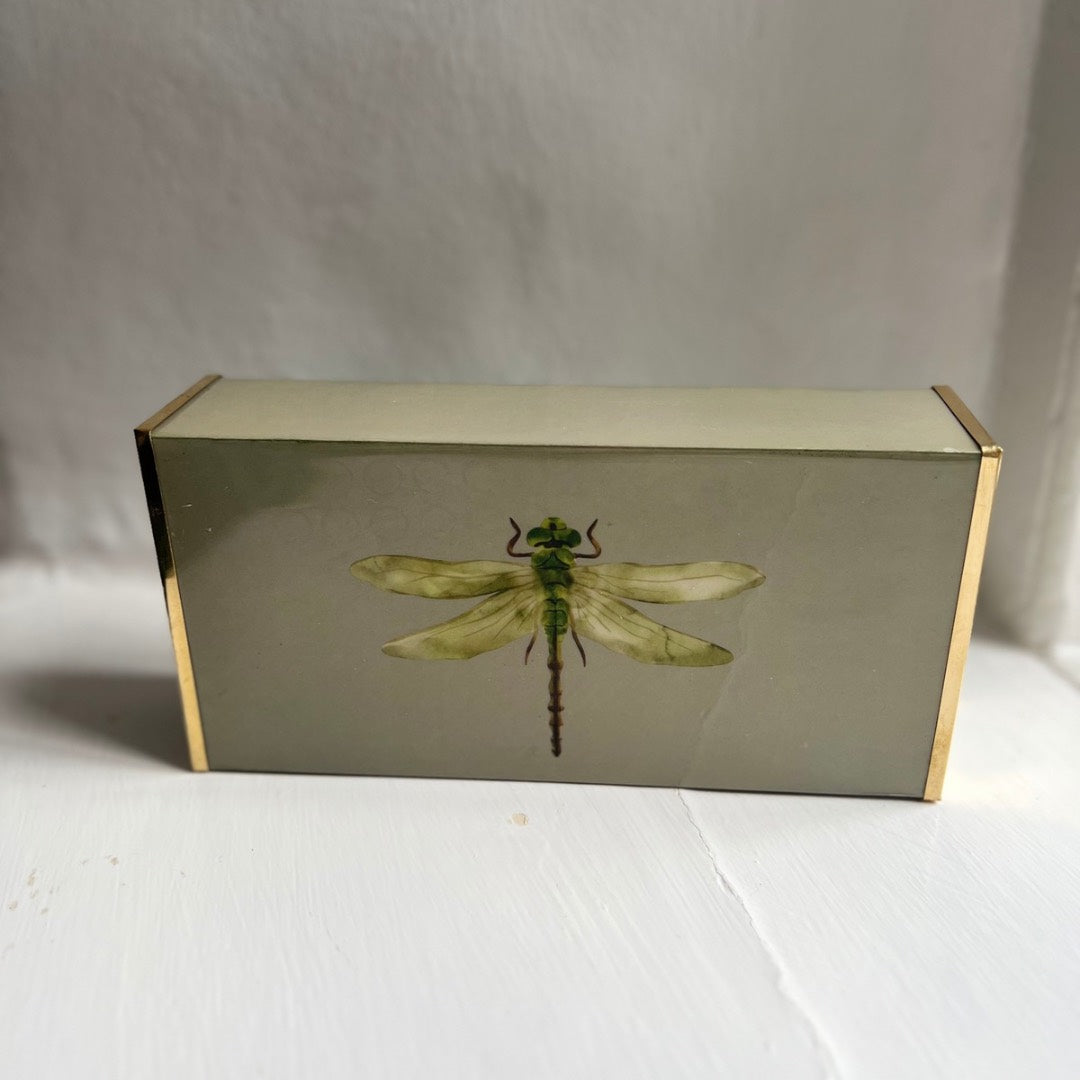 Dragonfly oversized matchbox in sage green enamel and brass, front view