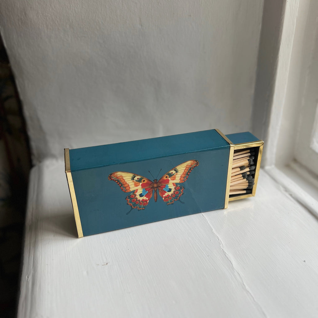 Butterfly oversized matchbox in teal enamel and brass with the drawer slightly open