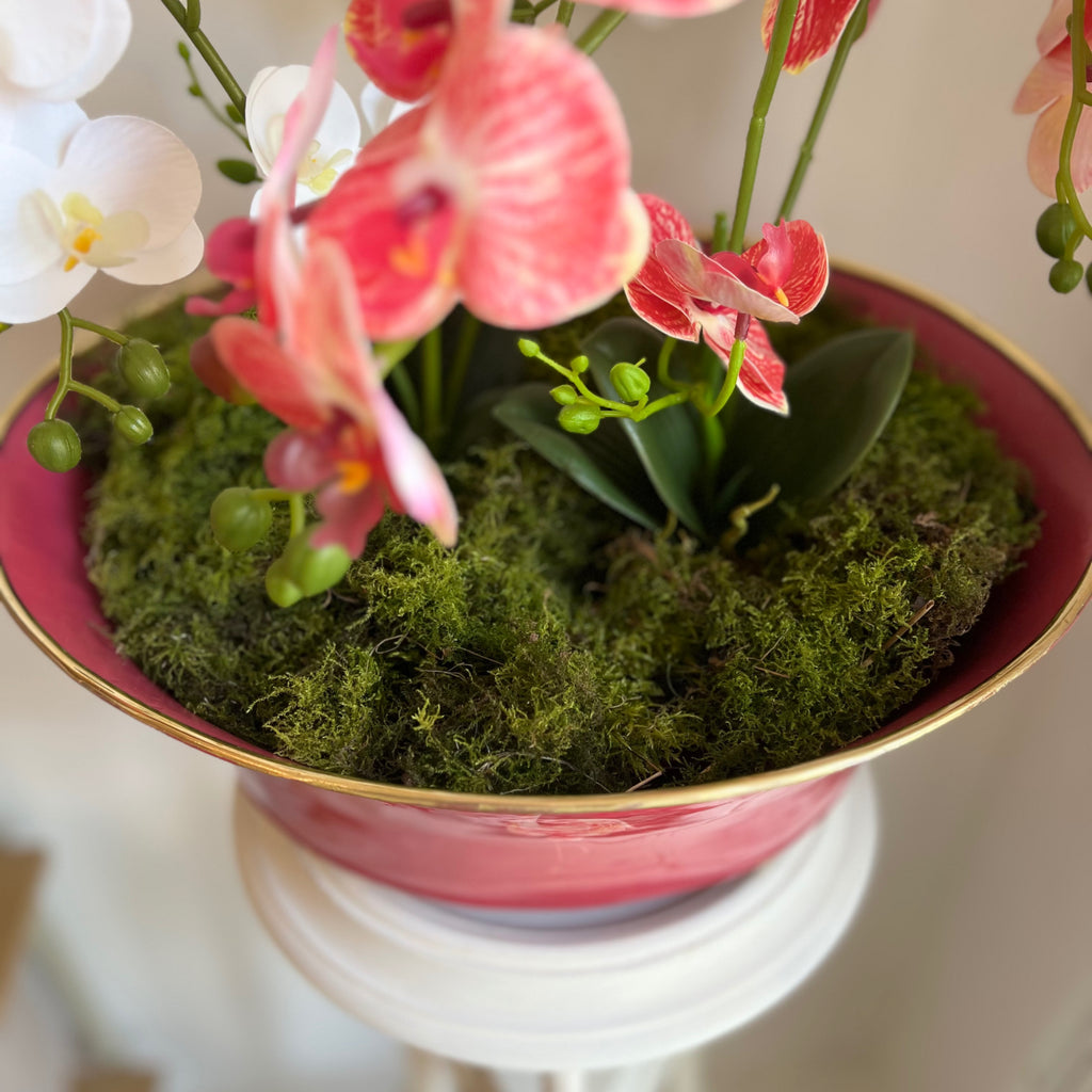 Flamingo enamel planter with orchids, viewed from above